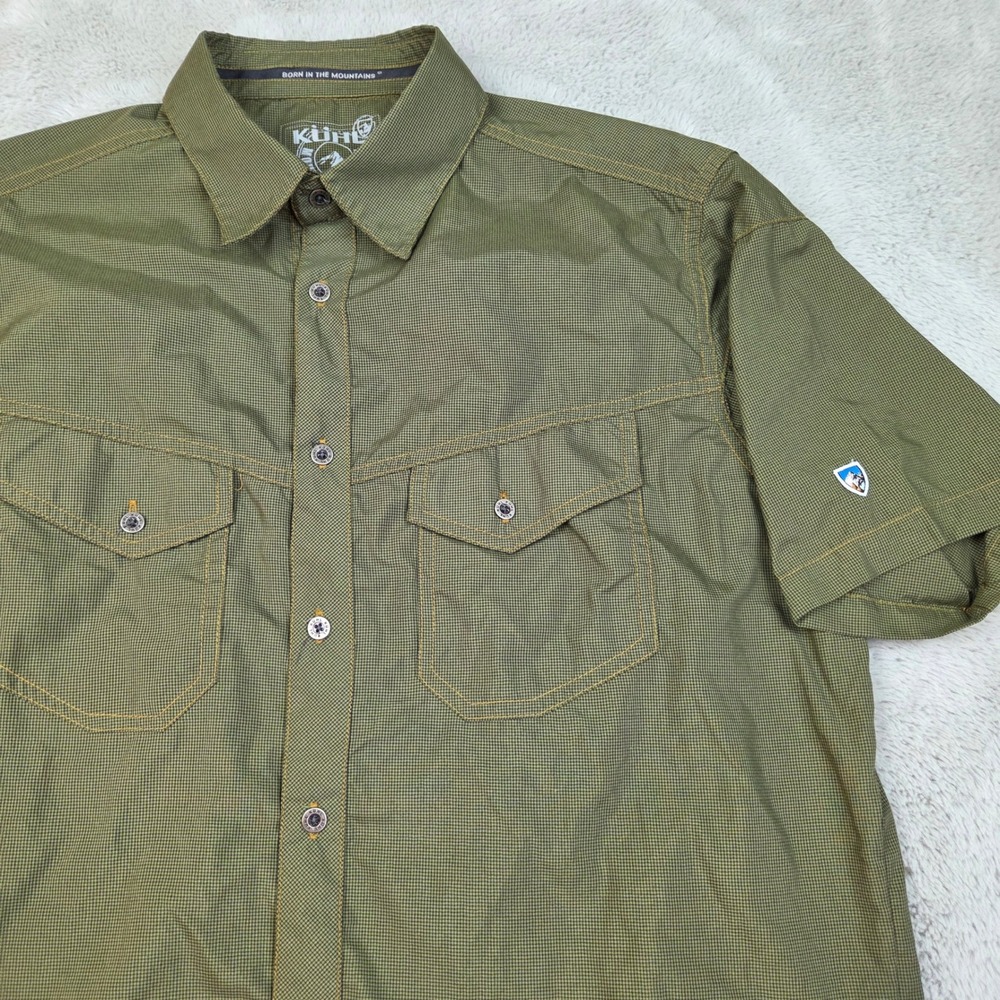 Kuhl Eluxur Button Down Shirt Mens M Short Sleeve Technical Hiking Olive Green